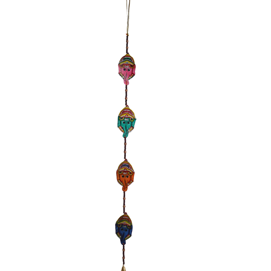 Colorful Ganesha Faces - Tholu Bommalata Leather Hanging, handmade Tholu Bommalata leather puppet art from India