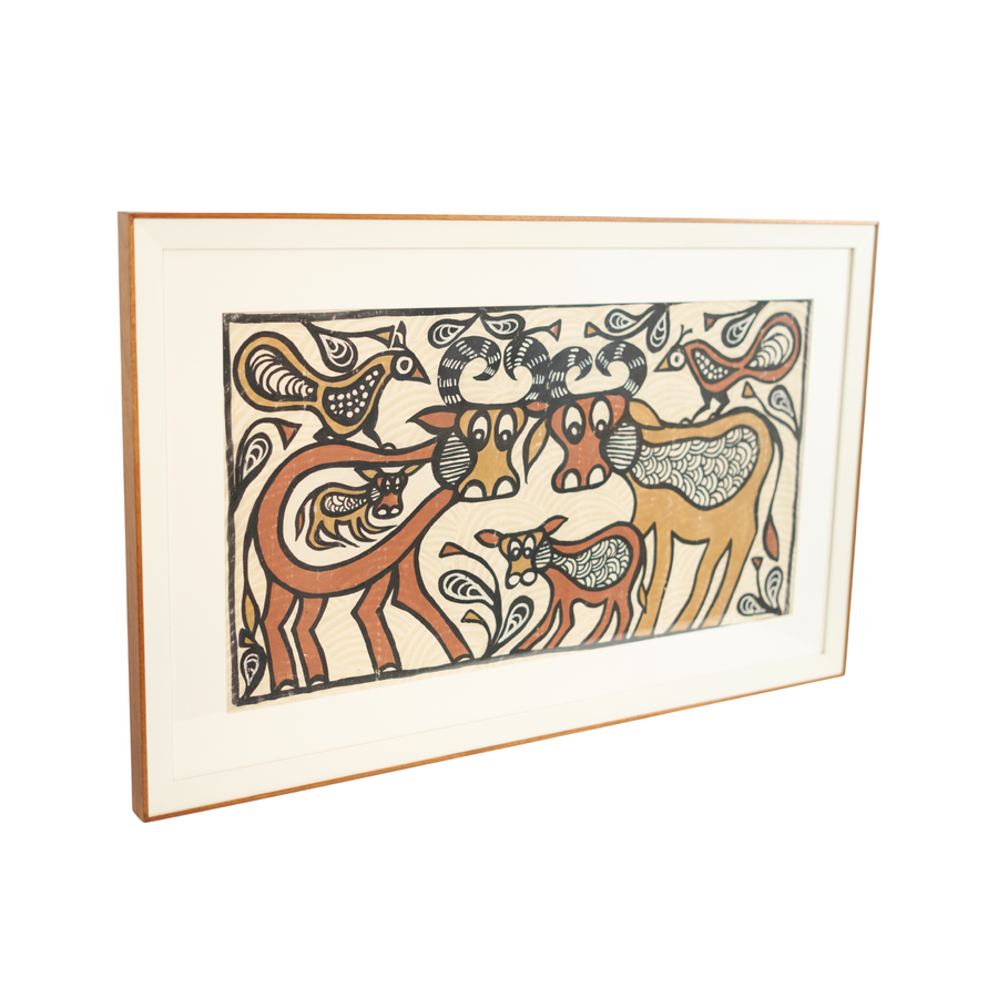 Cow Family - Sohrai Painting with wooden frame - view 2, handmade Sohrai tribal painting from India