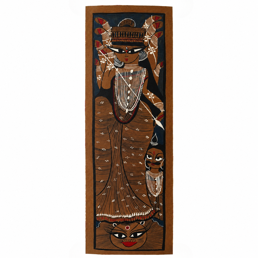 Dashabhuja Devi - Kalighat Painting, handmade Kalighat folk painting from India