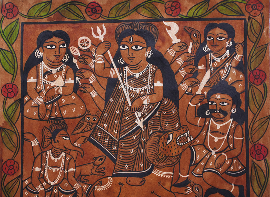Devi Durga - Kalighat Painting - view 3, handmade Kalighat folk painting from India