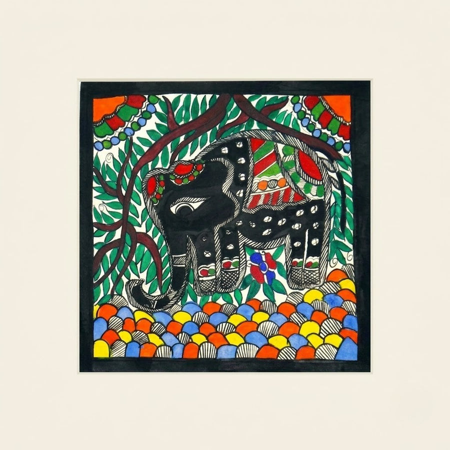 Elephant and Forest - Madhubani Painting, handmade Madhubani painting from India