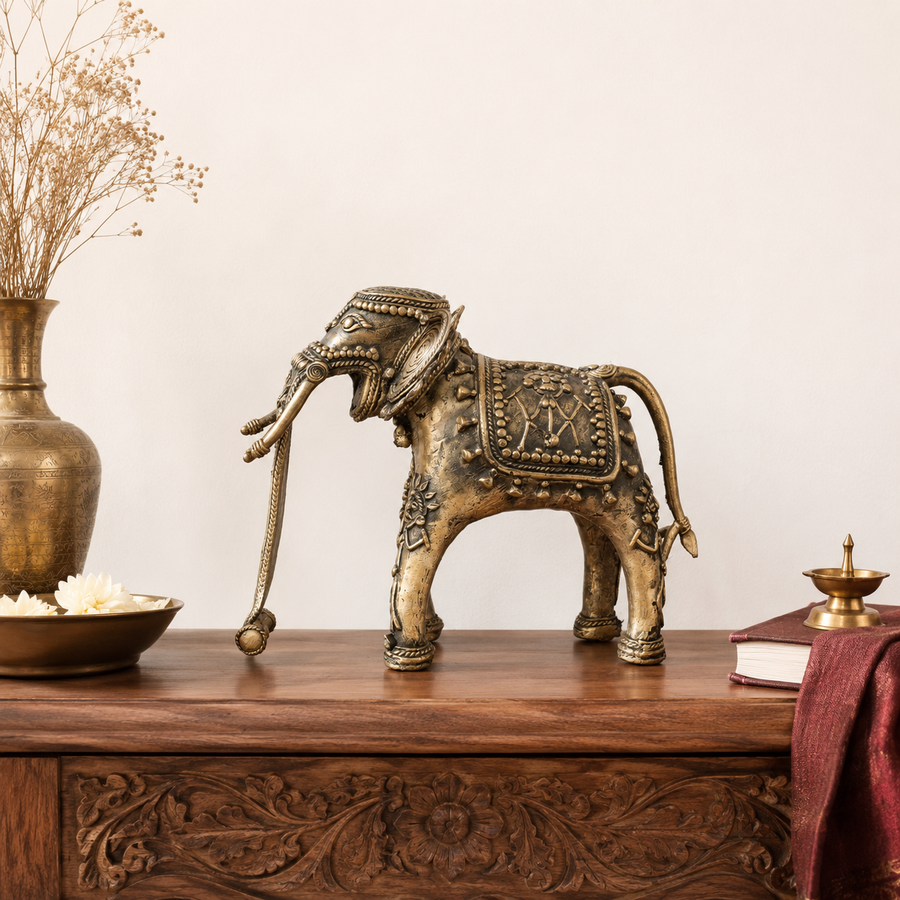 Elephant with Round Ears - Dhokra Metal Art, handmade tribal brass sculpture from India