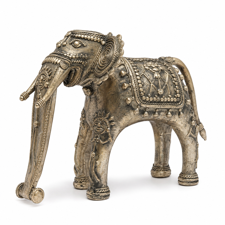 Elephant with Round Ears - Dhokra Metal Art - view 2, handmade tribal brass sculpture from India