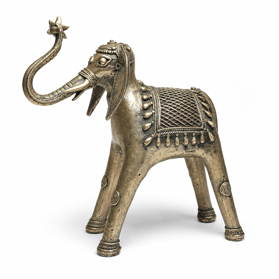 Elephant with Trunk Up - Dhokra Metal Art - view 4, handmade tribal brass sculpture from India