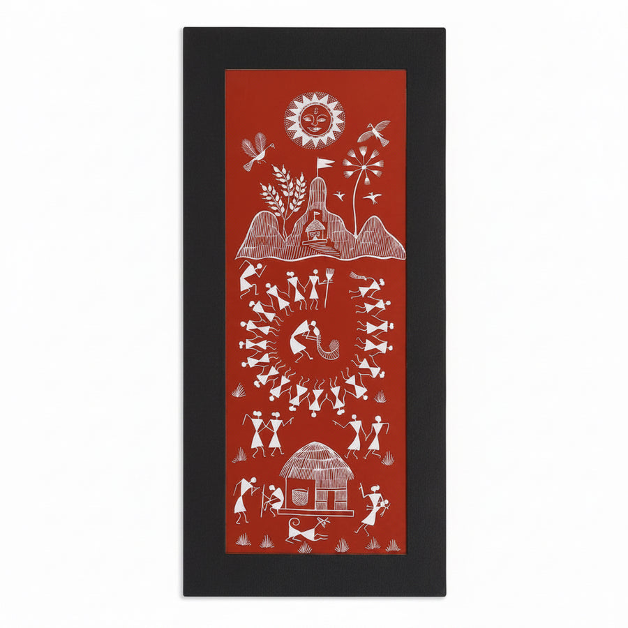 Festival in the Hills - Warli Paper Painting - view 2, handmade Warli folk painting from India