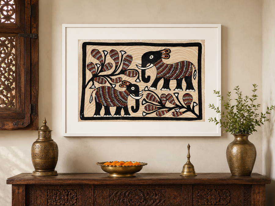 Elephants and Plants – Sohrai Painting with wooden frame