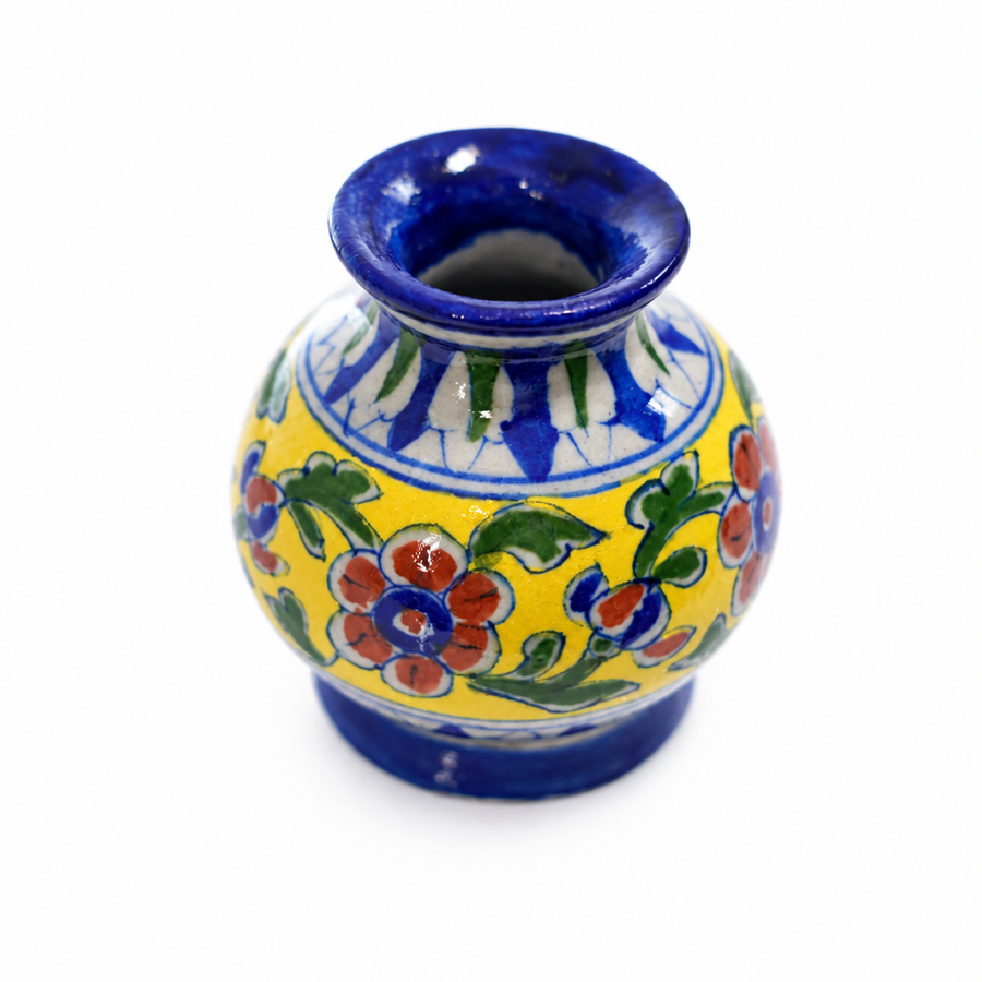 Floral Yellow Mini Vase - Jaipur Blue Pottery, handmade Jaipur blue pottery from India