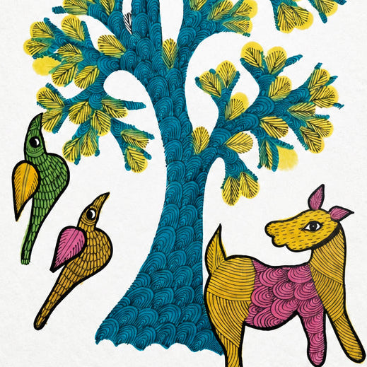 Flowering Tree, Animal & Birds - Gond Paper Painting - view 3, handmade Gond folk painting from India
