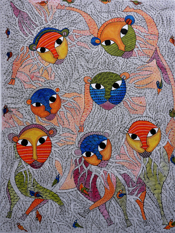 Forest Spirits - Gond Painting - view 2, handmade Gond folk painting from India