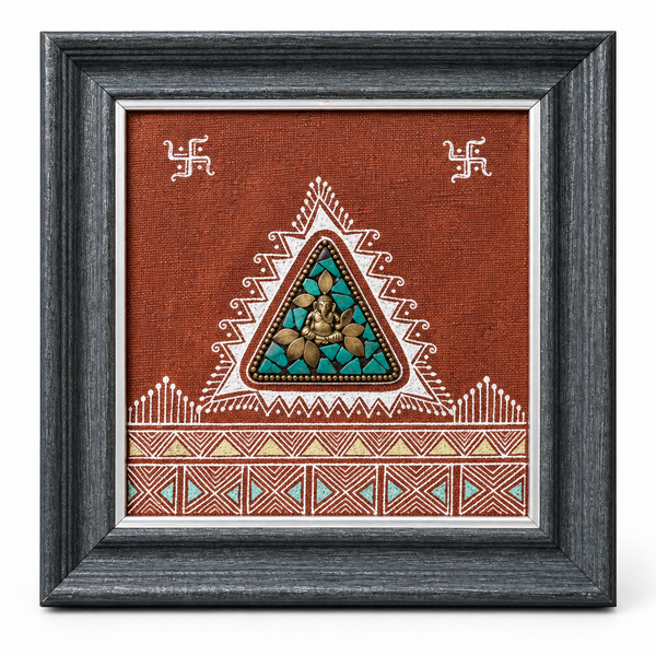Framed Dhokra Ganesha Triangle - Dhokra Metal Art, handmade tribal brass sculpture from India