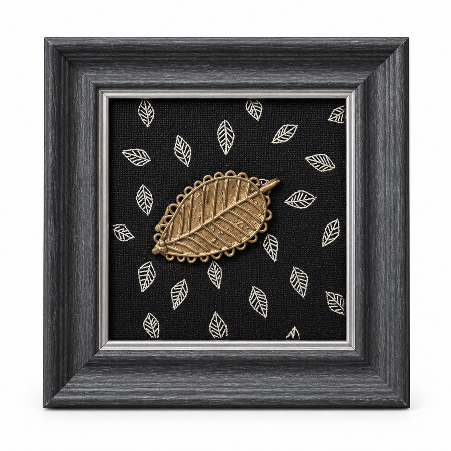 Framed Dhokra Leaf Motif - Dhokra Metal Art, handmade tribal brass sculpture from India