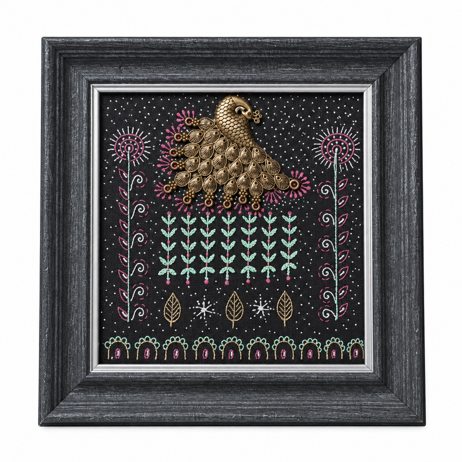 Framed Dhokra Mayur - Dhokra Metal Art, handmade tribal brass sculpture from India