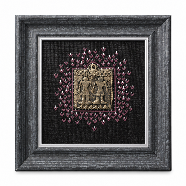 Framed Tribal Couple - Dhokra Metal Art, handmade tribal brass sculpture from India