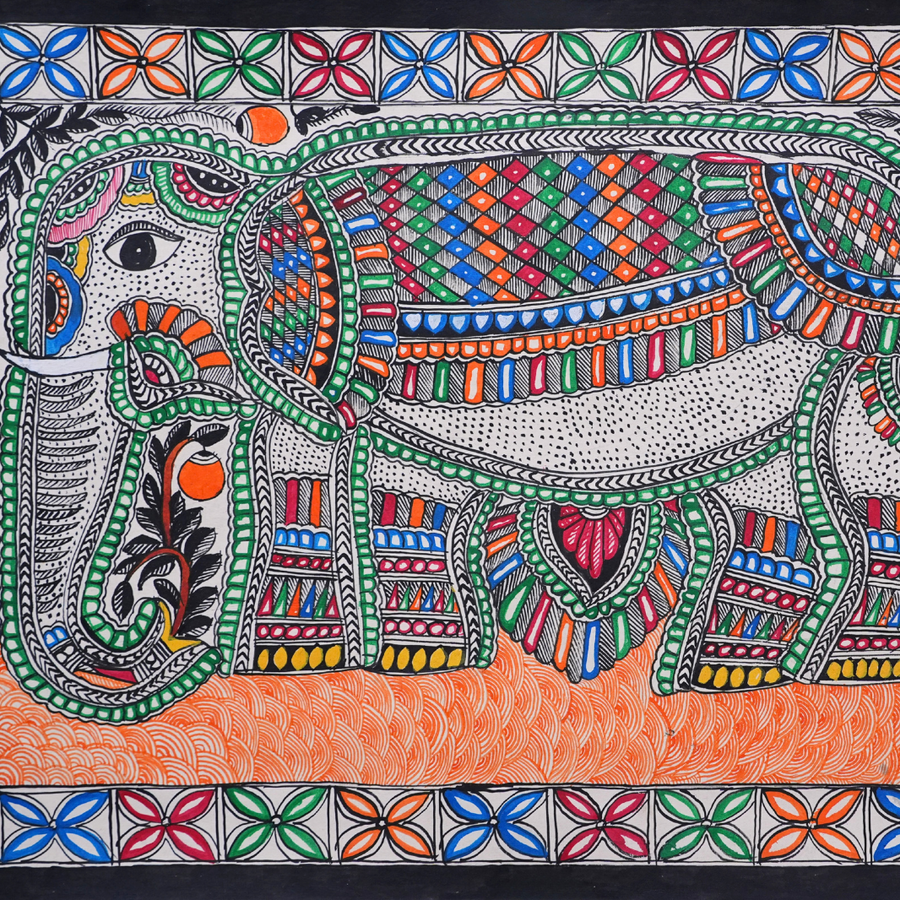 Gaja Shobha - Madhubani Painting - view 4, handmade Madhubani painting from India