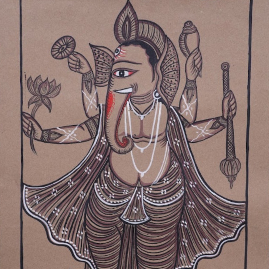 Ganesha on Lotus - Kalighat Painting - view 3, handmade Kalighat folk painting from India