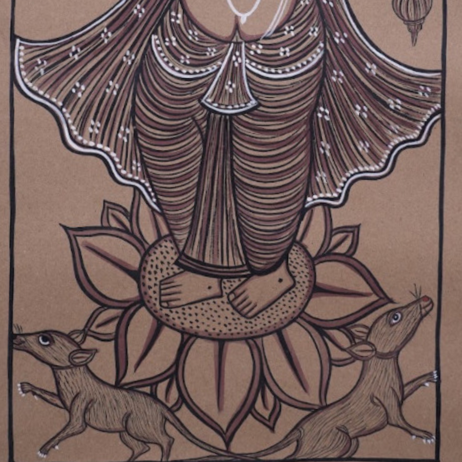 Ganesha on Lotus - Kalighat Painting - view 4, handmade Kalighat folk painting from India
