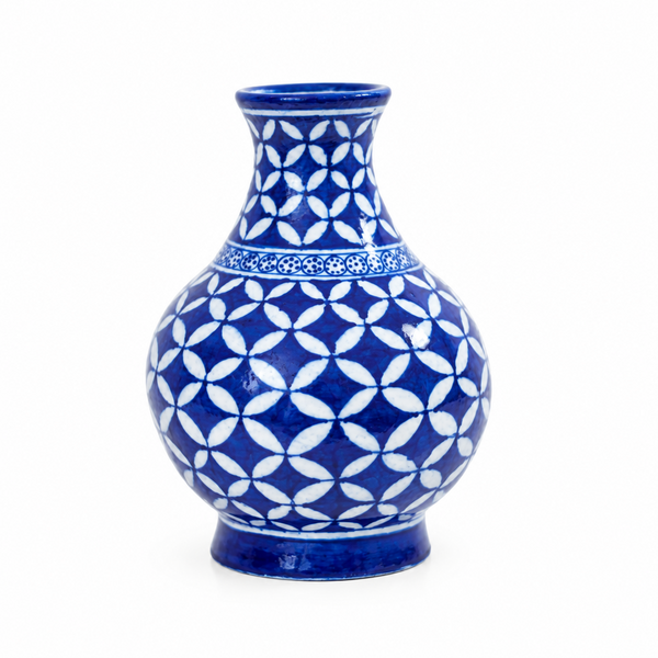 Geometric Petal Surahi - Jaipur Blue Pottery, handmade Jaipur blue pottery from India