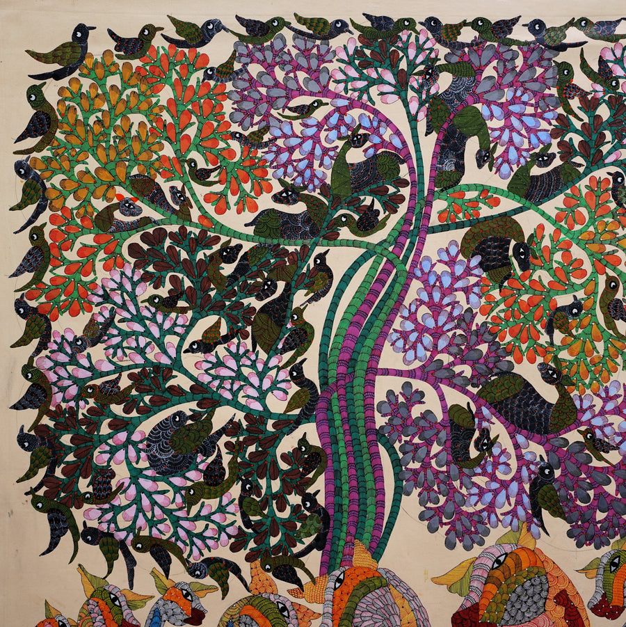 Giraffe Beneath the Tree - Gond Paper Painting - view 4, handmade Gond folk painting from India