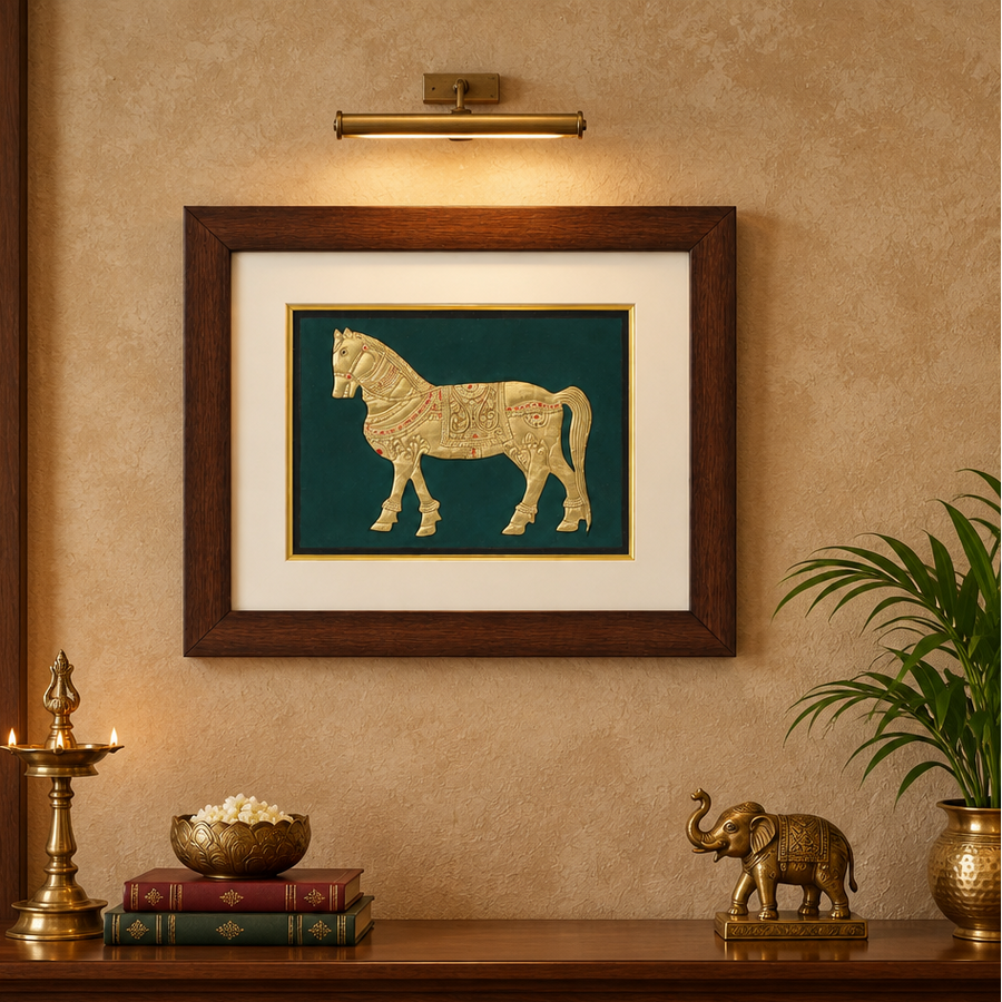 Golden Royal Horse - Mysore Painting, handmade Mysore painting from India