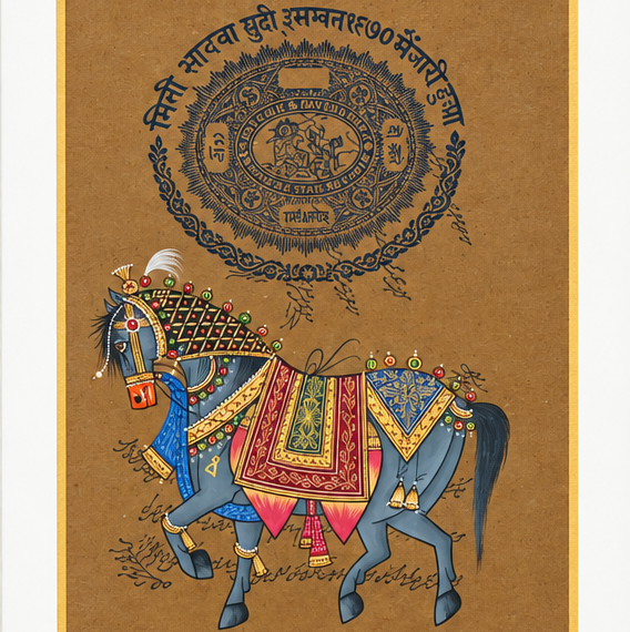 Jaipur Horse - Vintage Court Fee Stamp Artwork - view 2, handmade vintage stamp artwork from India