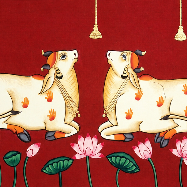 Kamdhenu and Lotus - Pichwai Painting - view 2, handmade pichwai painting from India