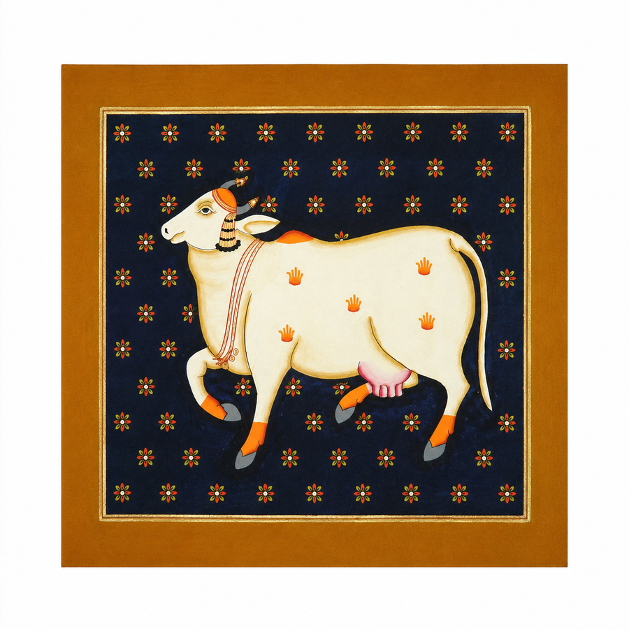 Kamdhenu in Bloom - Pichwai Painting, handmade pichwai painting from India
