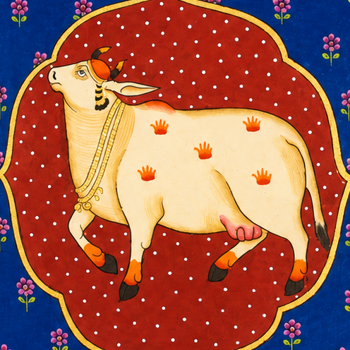 Kamdhenu in Floral Grace - Pichwai Painting - view 2, handmade pichwai painting from India