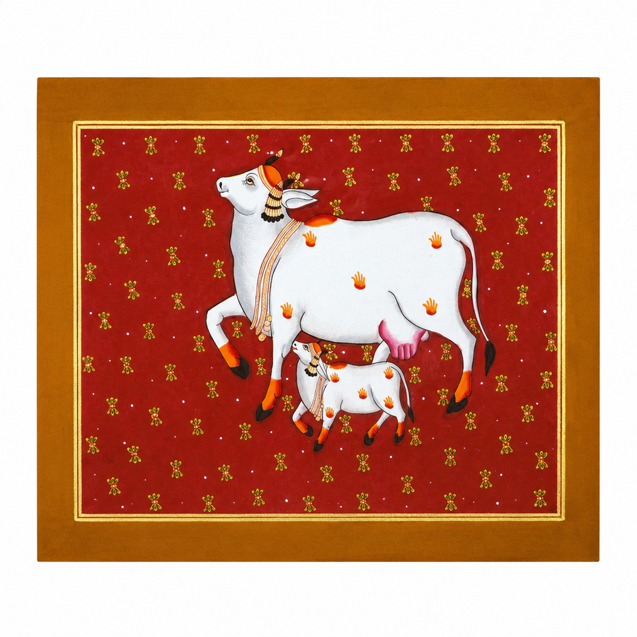 Kamdhenu with Calf - Pichwai Painting, handmade pichwai painting from India