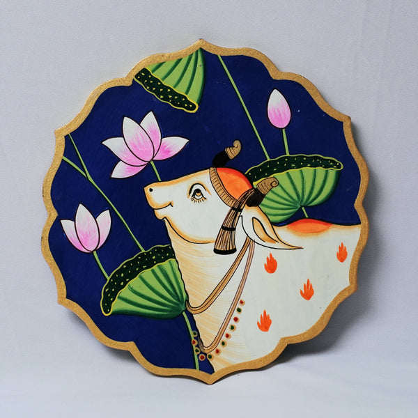 Kamdhenu - Wooden Panel Pichwai Painting - view 2, handmade pichwai painting from India