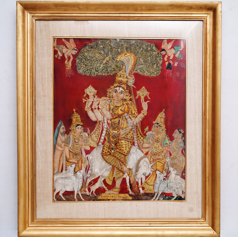 Krishna Playing the Flute - Tanjore Painting, handmade Tanjore painting from India