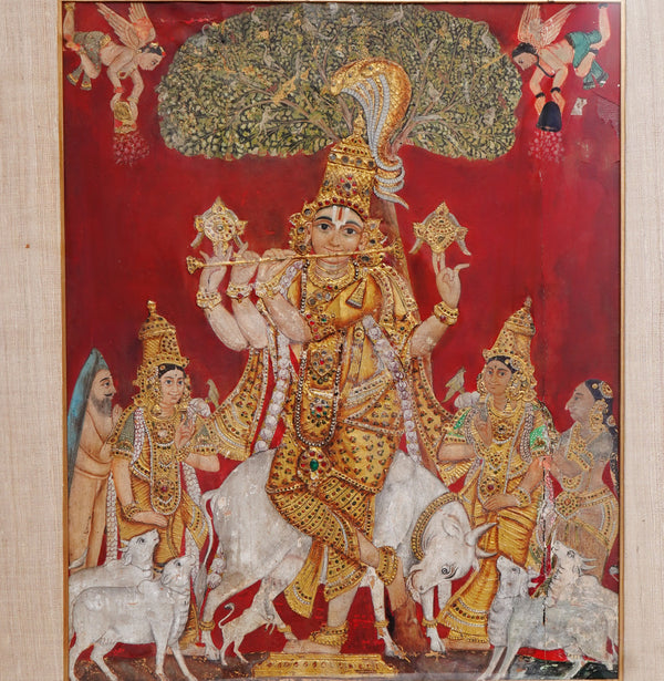 Krishna Playing the Flute - Tanjore Painting - view 2, handmade Tanjore painting from India