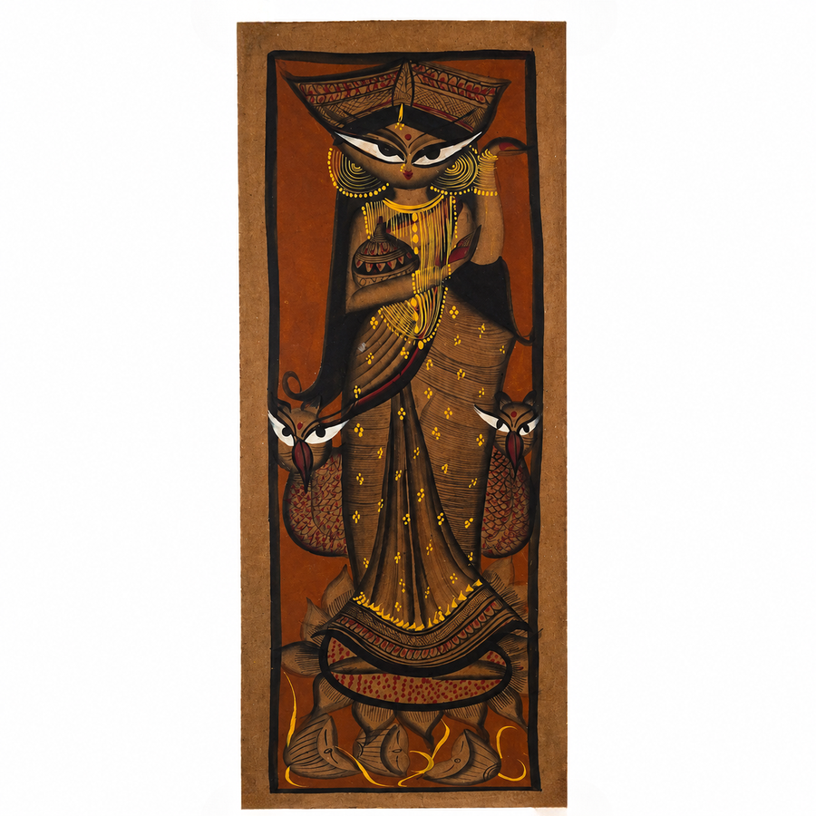 Lakshmi Mata with Owl - Kalighat Painting, handmade Kalighat folk painting from India