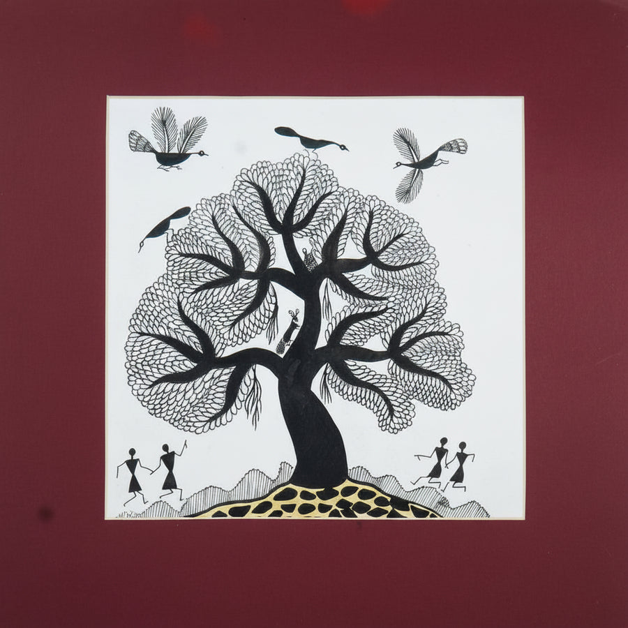 Life Beneath the Banyan Tree - Warli Paper Painting - view 2, handmade Warli folk painting from India