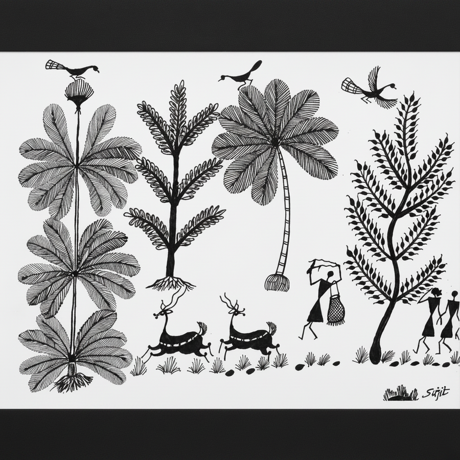 Life's Simple Beauty - Warli Paper Painting - view 2, handmade Warli folk painting from India