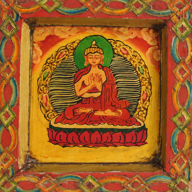 Lotus Buddha - Tibetan Hand-Painted Wall Hanging - view 3, handmade Tibetan wall hanging from India