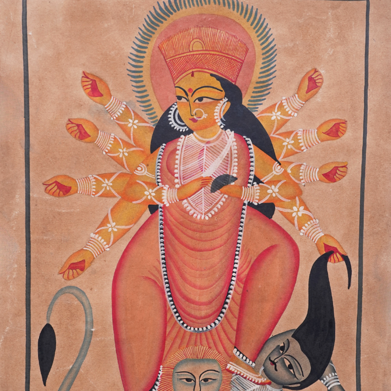 Maa Durga in Battle - Kalighat Painting - view 2, handmade Kalighat folk painting from India
