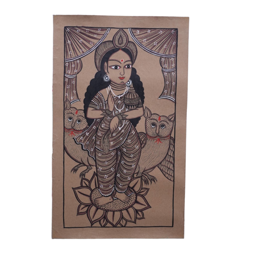 Maa Lakshmi on Lotus with Owls - Kalighat Painting - view 2, handmade Kalighat folk painting from India