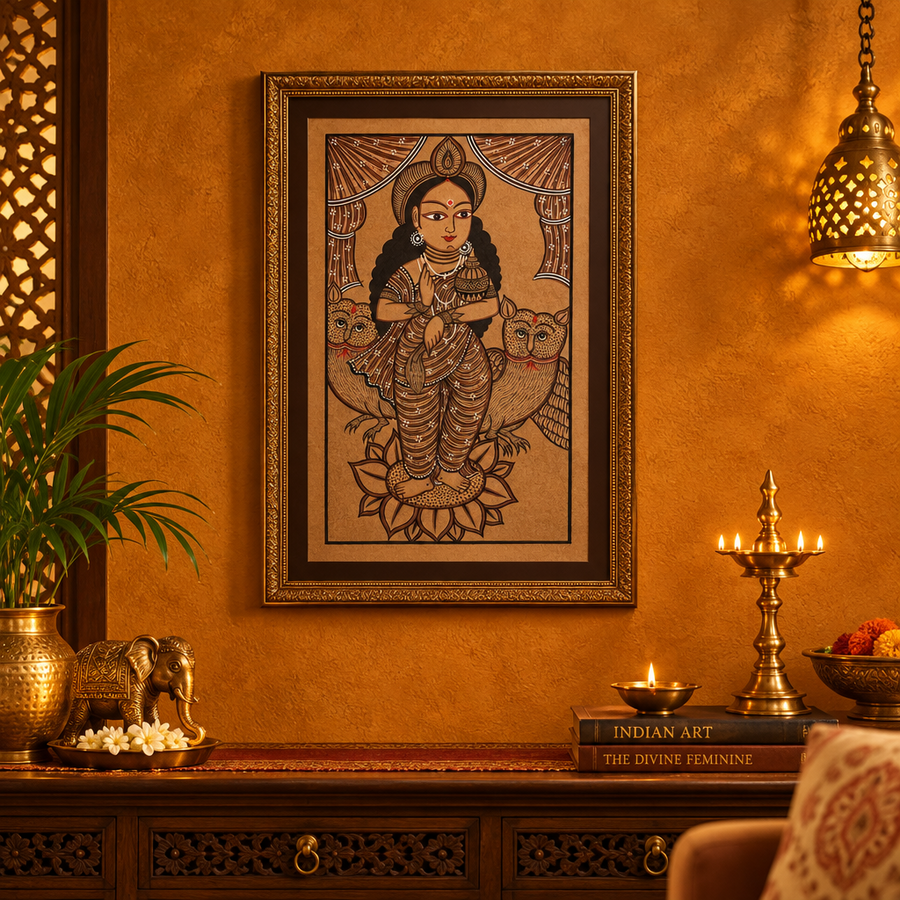 Maa Lakshmi on Lotus with Owls - Kalighat Painting, handmade Kalighat folk painting from India