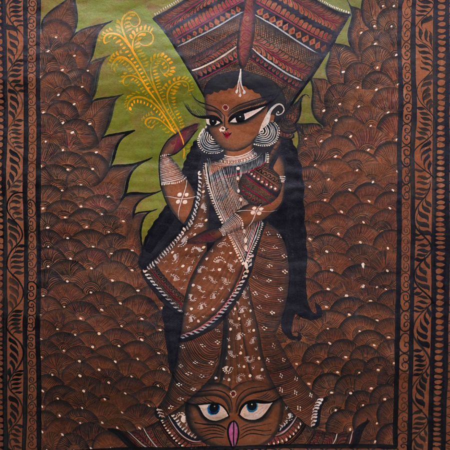 Maa Lakshmi Standing on Owl - Kalighat Painting - view 2, handmade Kalighat folk painting from India