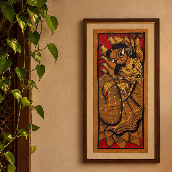 Mata Lakshmi on Lotus - Kalighat Painting, handmade Kalighat folk painting from India