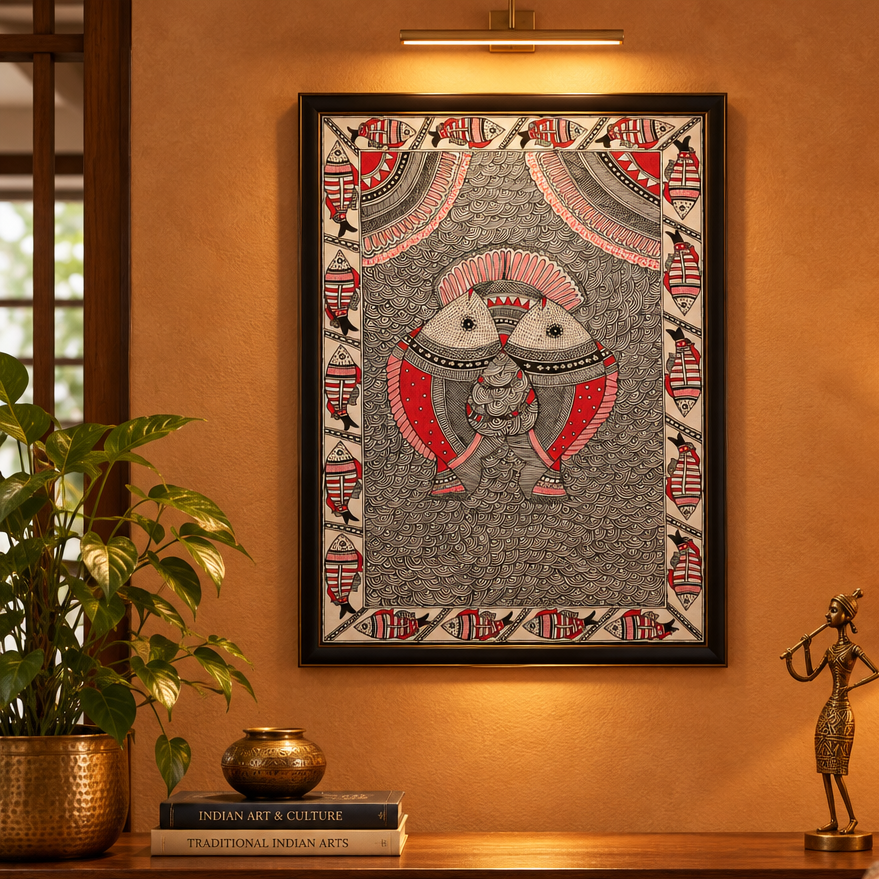 Matsya Harmony - Madhubani Painting, handmade Madhubani painting from India