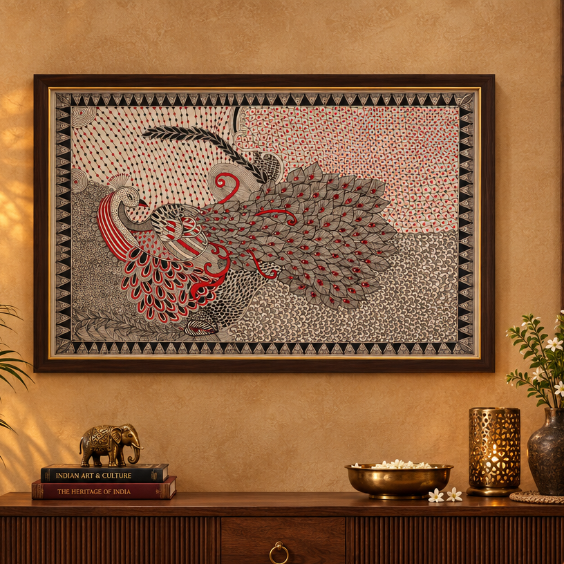 Mayur Vilas - Madhubani Painting, handmade Madhubani painting from India