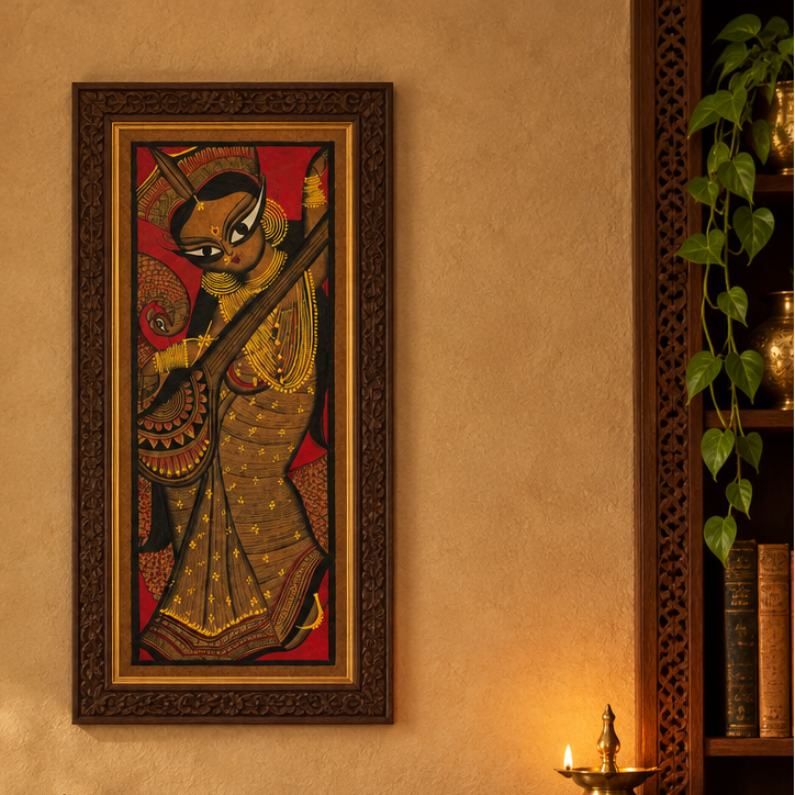 Musical Saraswati - Kalighat Painting, handmade Kalighat folk painting from India
