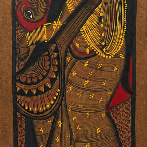 Musical Saraswati - Kalighat Painting - view 5, handmade Kalighat folk painting from India