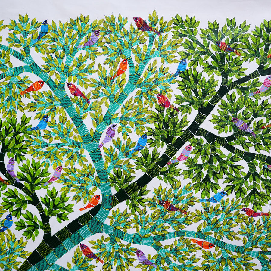 Nandi Beneath the Sacred Tree - Gond Painting - view 4, handmade Gond folk painting from India
