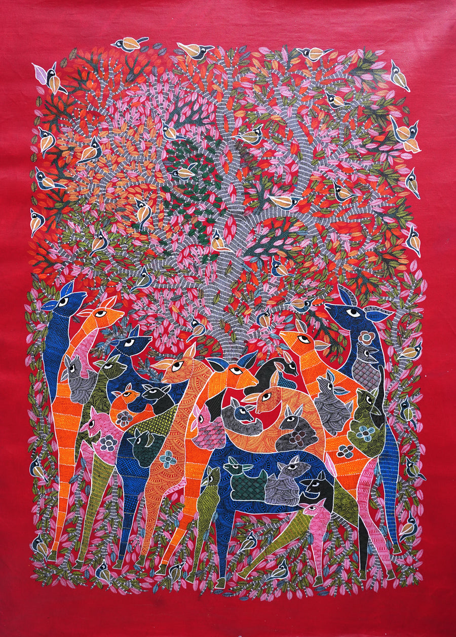 Nature's Grand Gathering - Gond Paper Painting - view 2, handmade Gond folk painting from India
