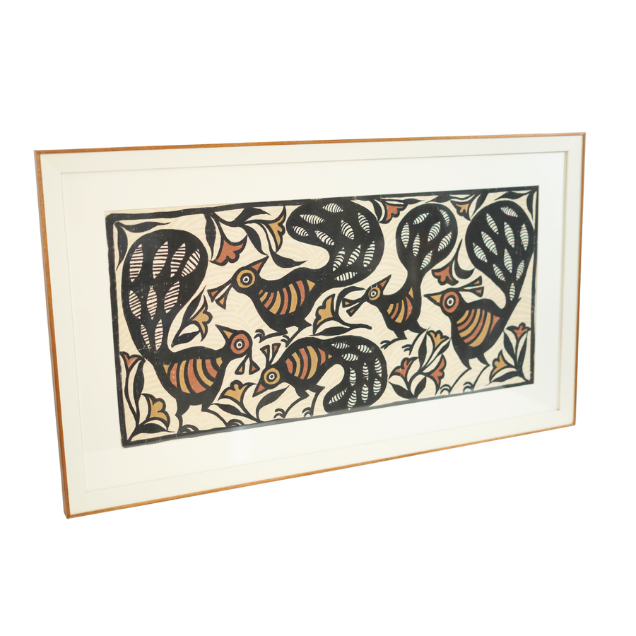 Nature's Beauty with Peacocks - Sohrai Painting with wooden frame - view 2, handmade Sohrai tribal painting from India