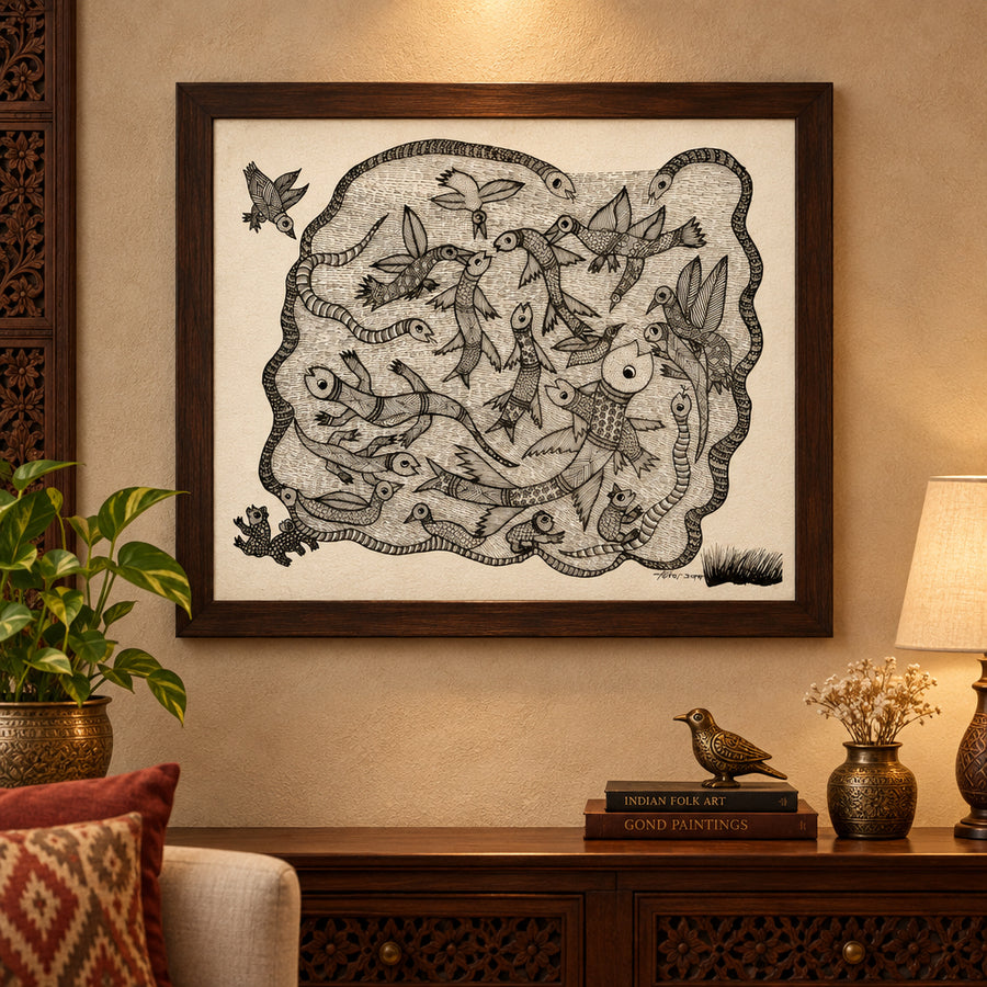 Pond with Snakes & Fish - Gond Paper Painting - view 3, handmade Gond folk painting from India