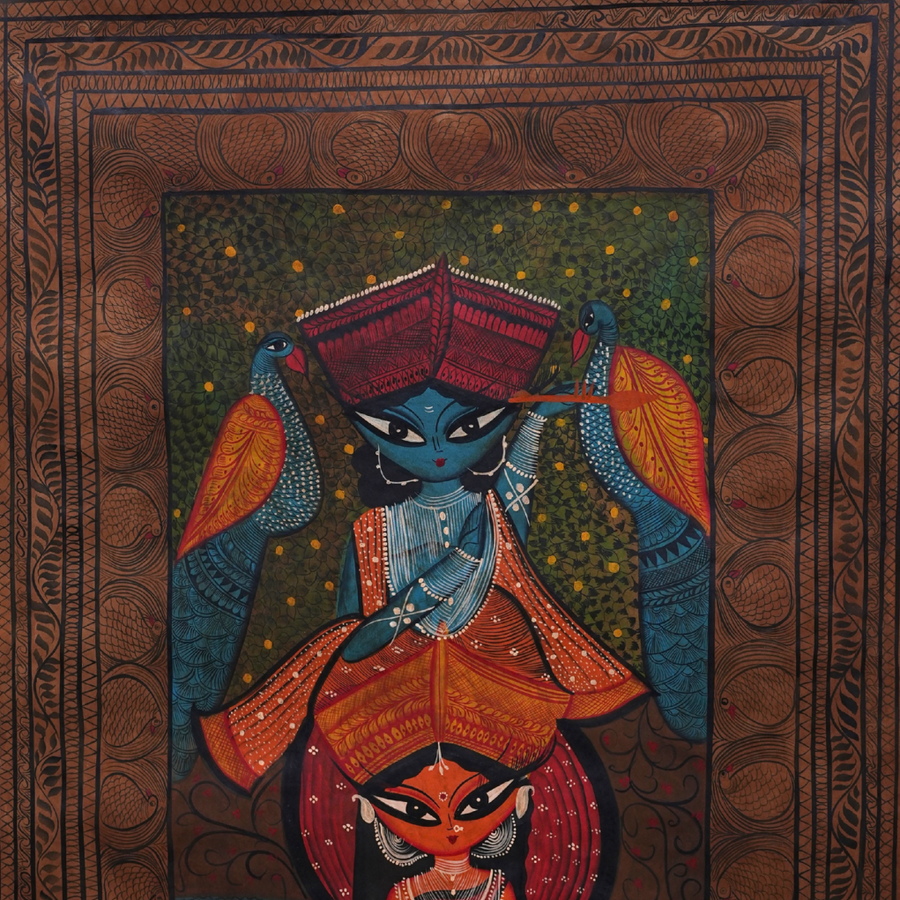 Radha Krishna - Kalighat Painting - view 3, handmade Kalighat folk painting from India