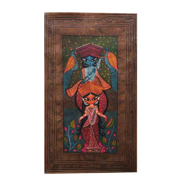 Radha Krishna - Kalighat Painting, handmade Kalighat folk painting from India